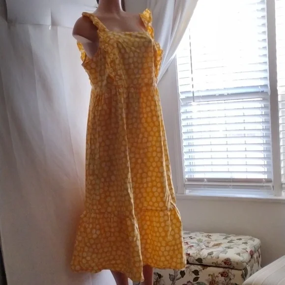 knee length dresses for ladies Yellow Black Polka Dot Dress with Sleeves | Midi